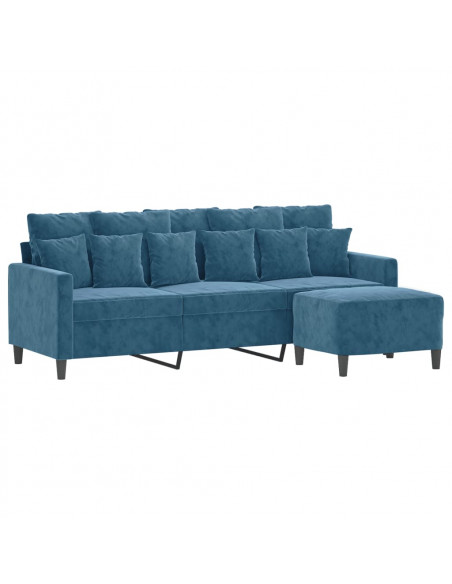 Divano a 3 Posti con Poggiapiedi Blu 180 cm in Velluto