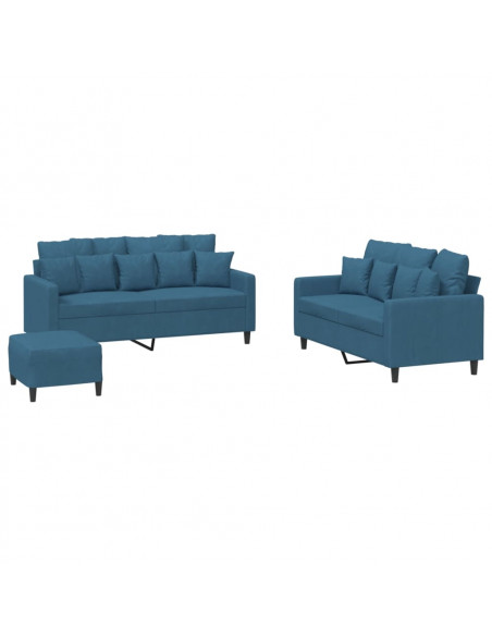Set di Divani 3 pz con Cuscini Blu in Velluto