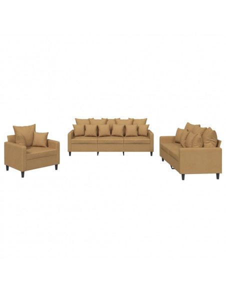 Set di Divani 3 pz con Cuscini Marrone in Velluto