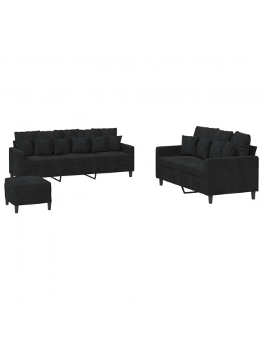Set di Divani 3 pz con Cuscini Nero in Velluto