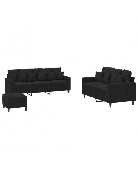 Set di Divani 3 pz con Cuscini Nero in Velluto