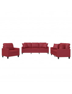 Set di Divani 3 pz con Cuscini Rosso Vino in Similpelle 2