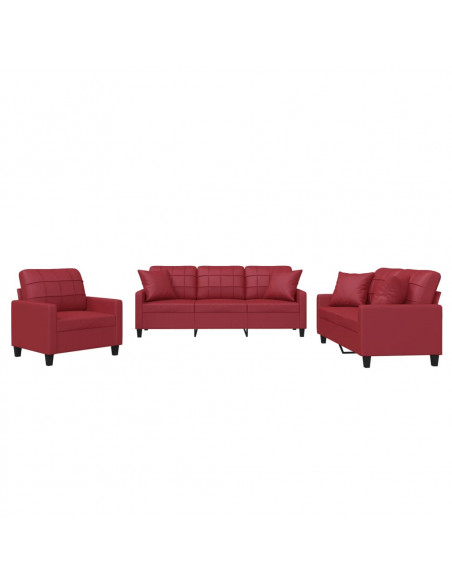 Set di Divani 3 pz con Cuscini Rosso Vino in Similpelle