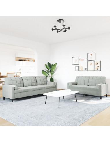 Set di Divani 2 pz con Cuscini e Rinforzi Grigio Chiaro Velluto