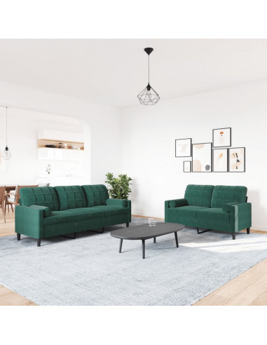 Set di Divani 2 pz con Cuscini e Rinforzi Verde scuro Velluto