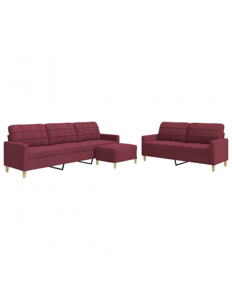 Set di Divani 3 pz con Poggiapiedi Rosso Vino in Tessuto