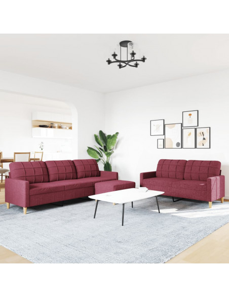 Set di Divani 3 pz con Poggiapiedi Rosso Vino in Tessuto