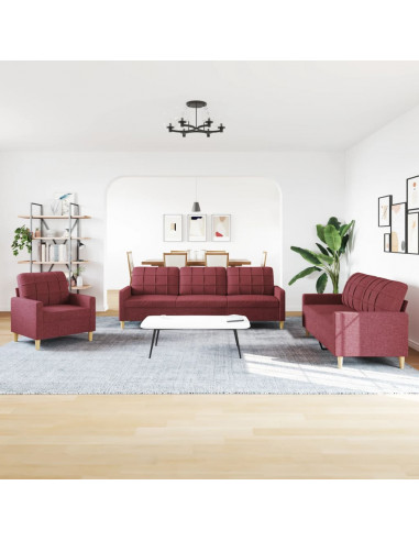 Set di Divani 3 pz Rosso Vino in Tessuto