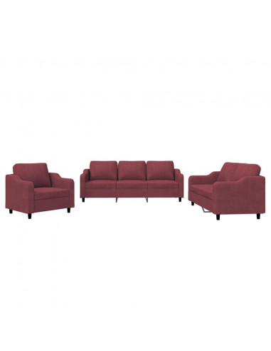 Set di Divani 3 pz con Cuscini Rosso Vino in Tessuto
