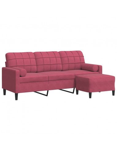 Divano a 3 Posti con Poggiapiedi Rosso Vino 180 cm in Velluto