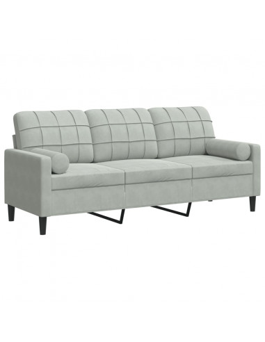 Divano a 3 Posti con Cuscini Grigio Chiaro 180 cm in Velluto