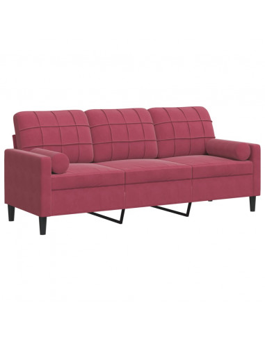 Divano a 3 Posti con Cuscini Rosso Vino 180 cm in Velluto