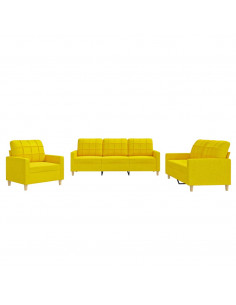Set di Divani 3 pz con Cuscini Giallo Chiaro in Tessuto 2