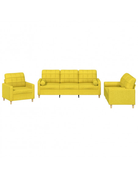 Set di Divani 3 pz con Cuscini Giallo Chiaro in Tessuto