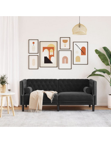 Divano Chesterfield con Rinforzi 2 Posti Nero in Velluto