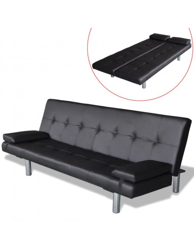 Divano Letto con 2 Cuscini in Similpelle Regolabile Nero