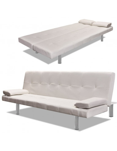 Divano Letto con 2 Cuscini Similpelle Regolabile Bianco Crema