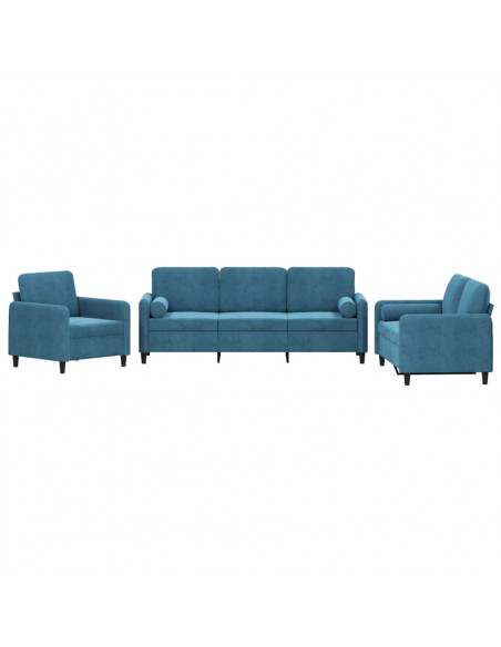 Set di Divani 3 pz con Cuscini Blu in Velluto