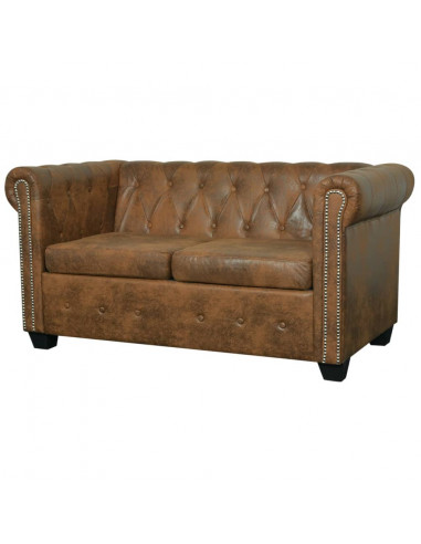 Divano Chesterfield a 2 Posti in Finta Pelle Marrone