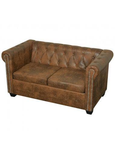 Divano Chesterfield a 2 Posti in Finta Pelle Marrone