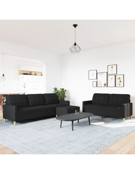 Set di Divani 3 pz con Poggiapiedi Nero in Tessuto