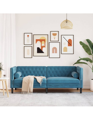 Divano Chesterfield con Rinforzi 3 Posti Blu in Velluto