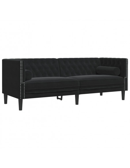 Divano Chesterfield con Rinforzi 3 Posti Nero in Velluto