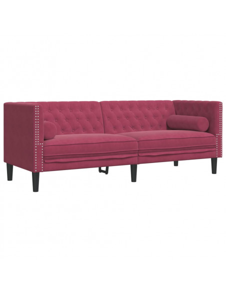 Divano Chesterfield con Rinforzi 3 Posti Rosso Vino in Velluto