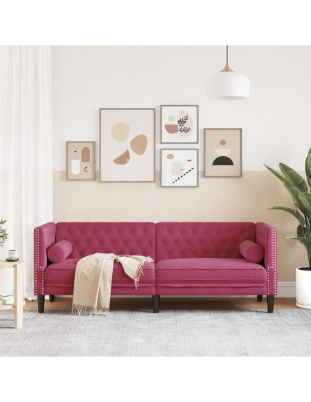 Divano Chesterfield con Rinforzi 3 Posti Rosso Vino in Velluto