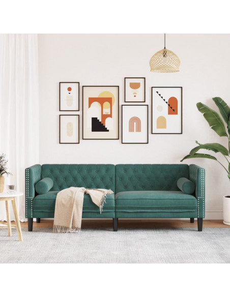 Divano Chesterfield con Rinforzi 3 Posti Verde Scuro in Velluto