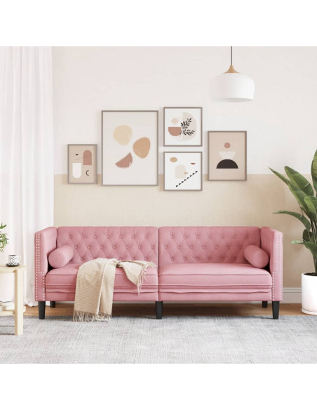 Divano Chesterfield con Rinforzi a 3 Posti Rosa in Velluto