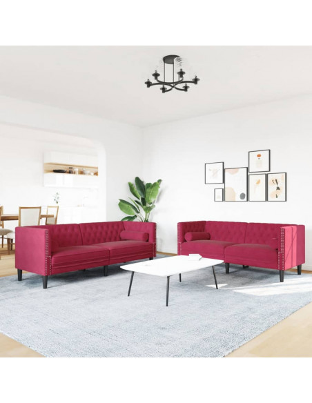 Set Divani Chesterfield 2pz con Cuscini Rosso Vino Velluto