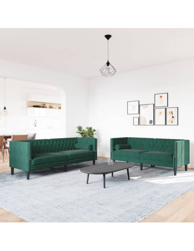 Set Divani Chesterfield 2pz con Cuscini Verde Scuro Velluto