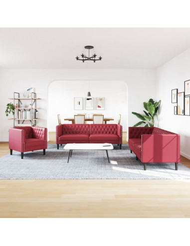Set Divani Chesterfield 3pz con Cuscini Rosso Vino Velluto