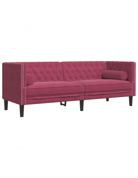 Set Divani Chesterfield 3pz con Cuscini Rosso Vino Velluto