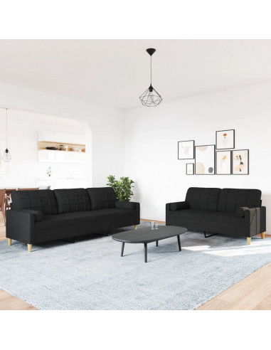 Set Divani 2 pz con Cuscini Decorativi Nero in Tessuto