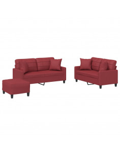 Set di Divani 3 pz con Cuscini Rosso Vino in Similpelle 2