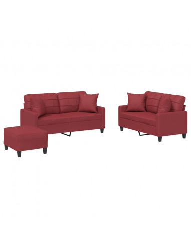 Set di Divani 3 pz con Cuscini Rosso Vino in Similpelle