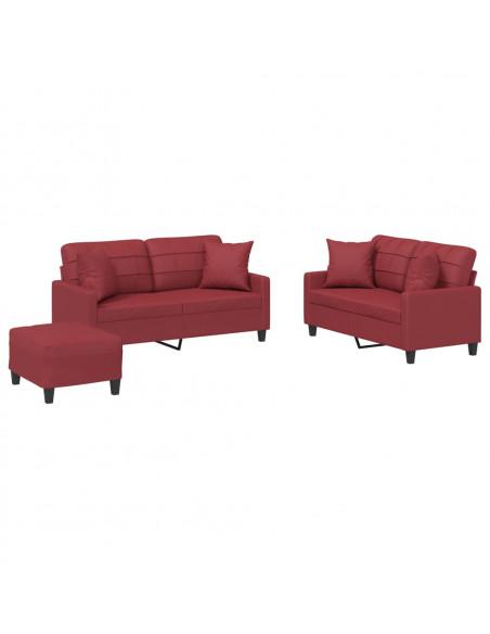 Set di Divani 3 pz con Cuscini Rosso Vino in Similpelle