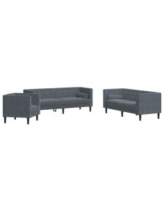 Set Divani Chesterfield 3pz con Cuscini Grigio Scuro Velluto 2