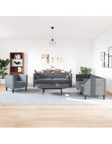 Set Divani Chesterfield 3pz con Cuscini Grigio Scuro Velluto