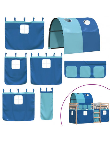 Letto a Castello con Tende Blu 75x190 cm Massello Pino