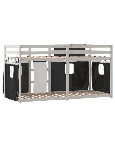 Letto a Castello con Tende Bianco e Nero 90x200cm Massello Pino