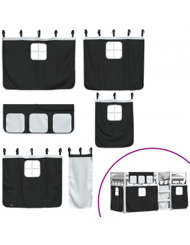 Letto a Castello con Tende Bianco e Nero 90x200cm Massello Pino