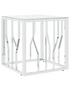 Tavolino da Salotto Argento 50x50x50 cm in Acciaio Inox e Vetro 2