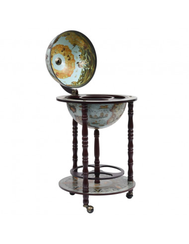 Minibar a Forma di Globo con Supporto in Legno di Eucalipto Blu