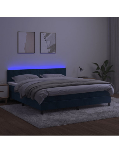 Letto a Molle con Materasso e LED Blu Scuro 160x200 cm