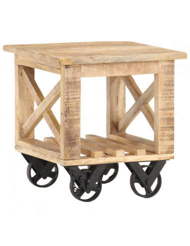 Tavolino Laterale con Ruote 40x40x42cm in Legno di Mango Grezzo