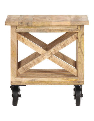 Tavolino Laterale con Ruote 40x40x42cm in Legno di Mango Grezzo