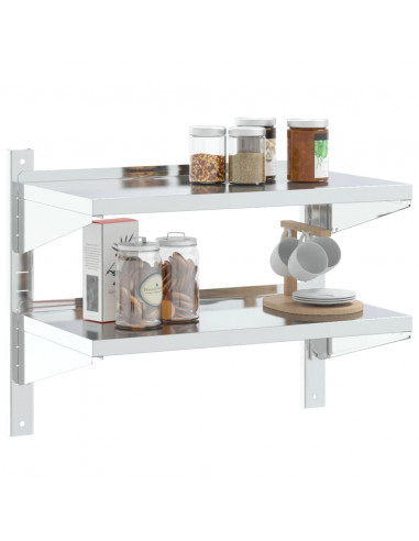 Mensola Muro 2 Ripiani 75x40x60cm Argento Acciaio Inossidabile